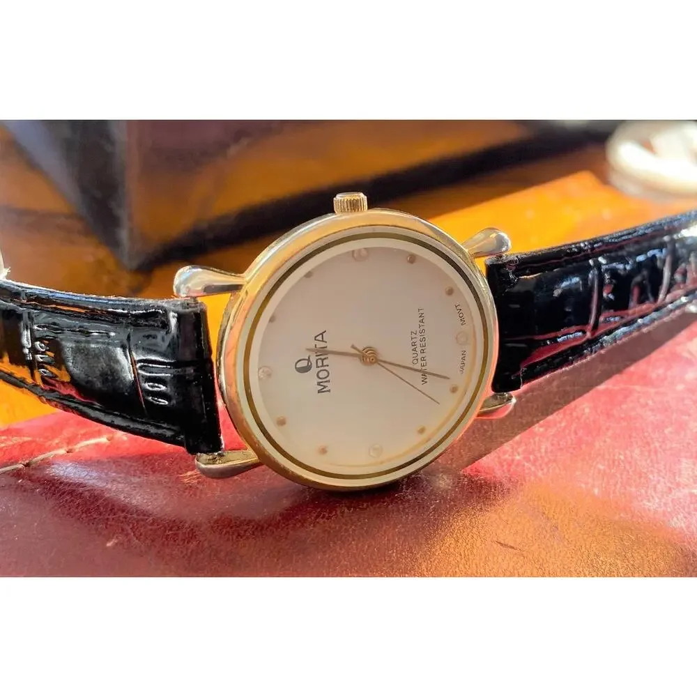 Women's 32mm Gold Tone Q Morita Watch, Leather Band, Water Resistant